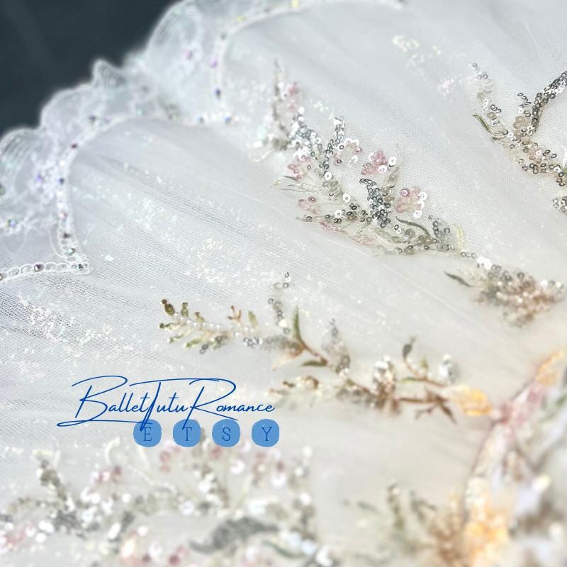 Custom Luxury White Floral Beaded Ballet Tutu: Professional Competition Costume, Adult & Child, Nutcracker/Aurora