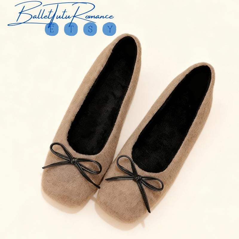 Mary Jane Ballet Flats for Women, Square Toe Bow Winter Fall Flats