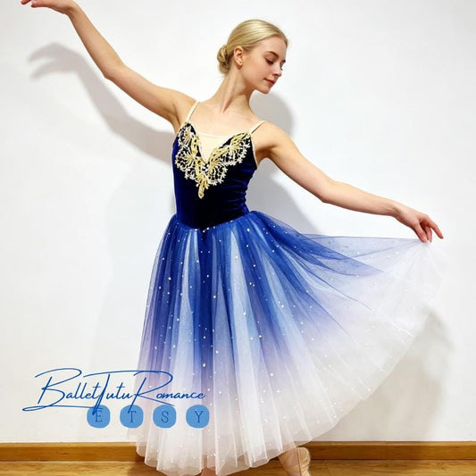 Blue Ombre Romantic Tutu for Giselle / La Sylphide ,Professional Long Gradient Ballet Dress