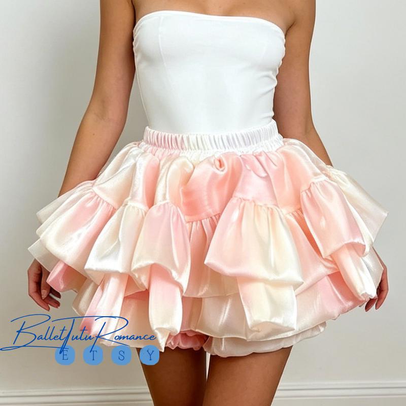 Satin Ruffled Bubble Tutu Skirt, Elastic Waist Mini Puff Skirt, Layered Ruffle, One Size