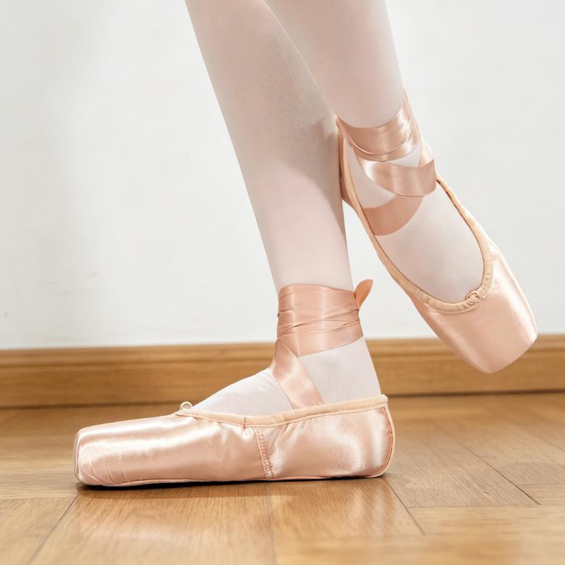 Satin Pointe Ballet Shoes for Adults & Kids, Beginner Ribbon Tie Dance Practice Shoes