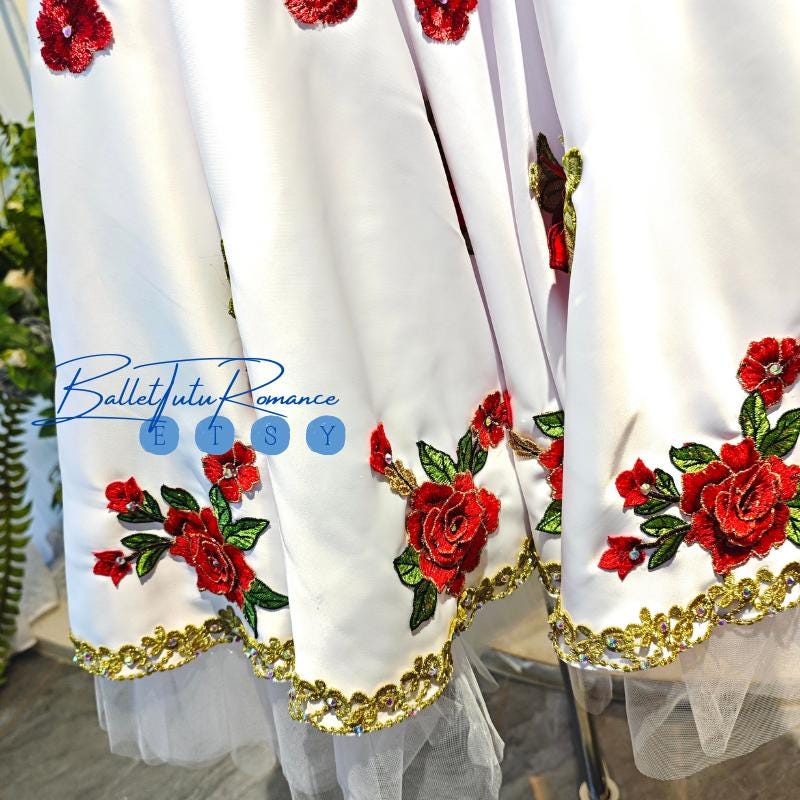 Custom Red Rose Embroidered Long Ballet Tutu Dress | Professional Repertoire Stage Costume