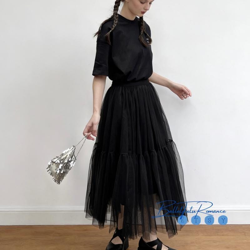 Lightweight Black Tiered Tulle Skirt, Custom Balletcore Midi Skirt for Women