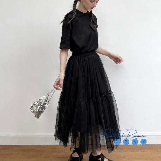 Lightweight Black Tiered Tulle Skirt, Custom Balletcore Midi Skirt for Women