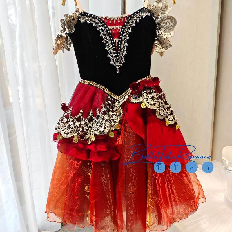 Custom Kitri Ballet Tutu: Red & Black Long Romantic Dress, Customizable for Don Quixote
