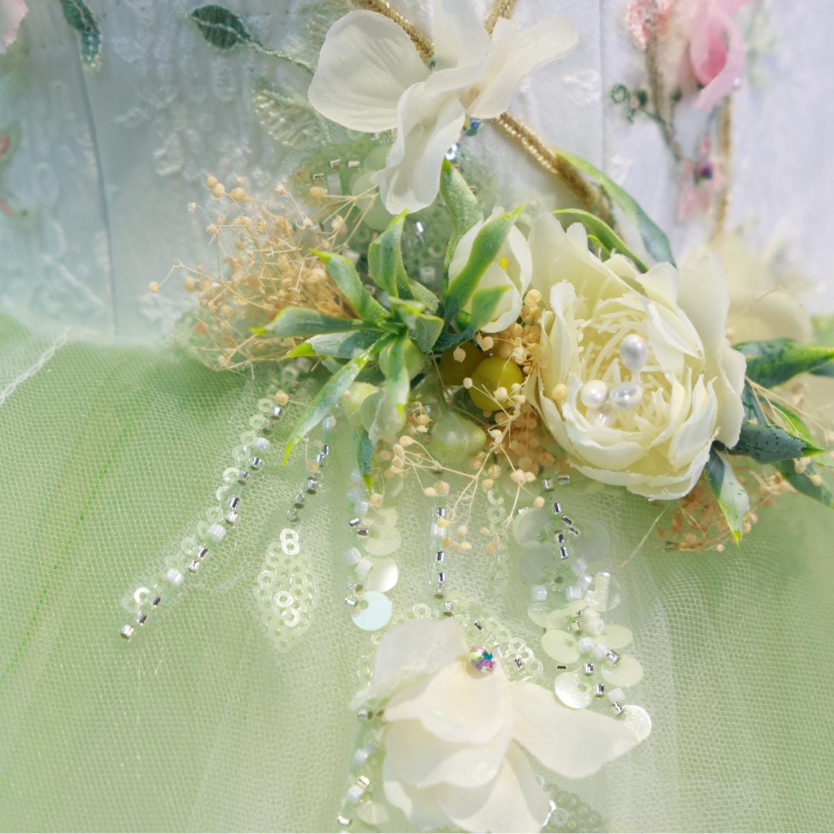 Green Tulle Ballet Tutu: Floral Embroidery & Sequins, Handmade Fairy Princess Dress,Aurora/Nutcracker