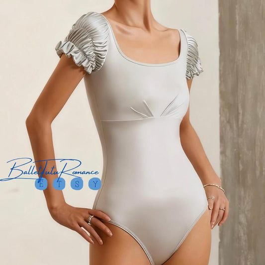 Ballet Bodysuit with Puff Sleeves,  One-Piece Dancewear in Blue/Pink, Leotard Unitard for Ballet