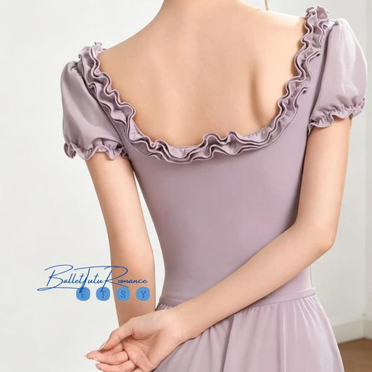 Ballet Leotard,Ruffled Square Neck Short Sleeve, Women's Dance Training Bodysuit