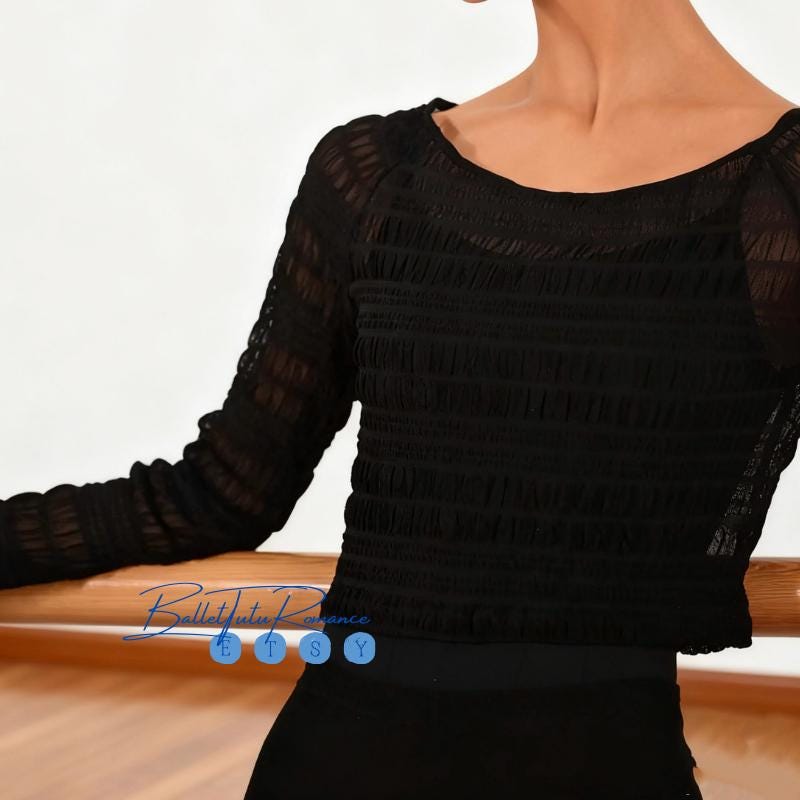 Ballet Cropped Top - Off-the-Shoulder Ruched Long-Sleeve Light Beige Coffee Black Dance Blouse