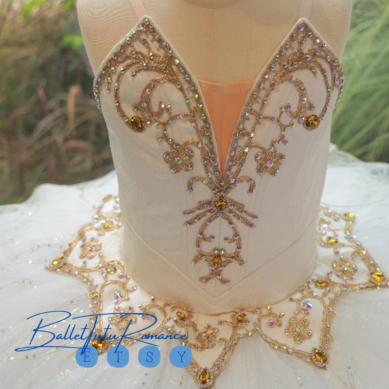 High-End Custom White Ballet Tutu, Gold Pearl Embellished Adult Child Ballet Performance Costume