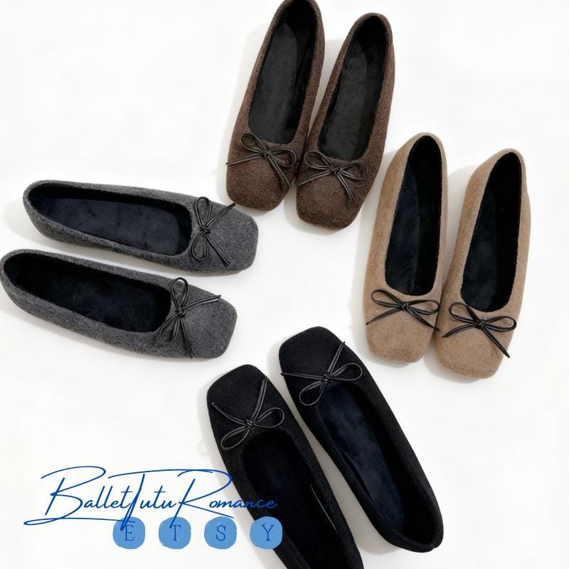 Mary Jane Ballet Flats for Women, Square Toe Bow Winter Fall Flats
