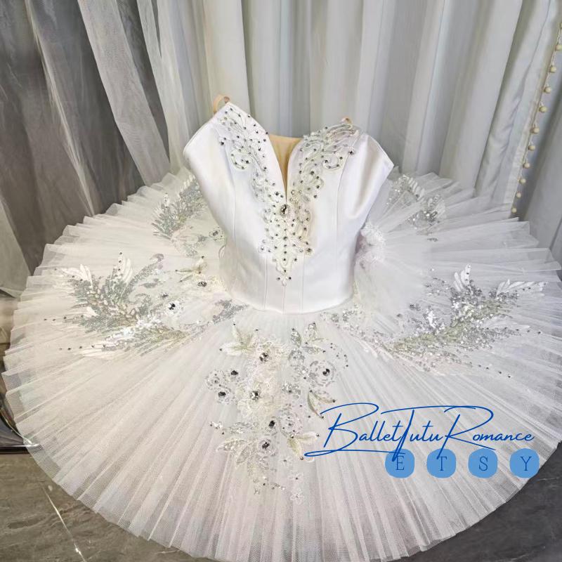Custom White Swan Lake Ballet Tutu: Embellished Feather & Crystal Dress, Adult Child Performance Costume