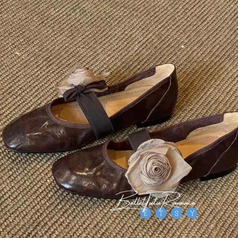 Lambskin Mary Jane Ballet Flats, Handmade Custom High-End Style Shoes with Floral