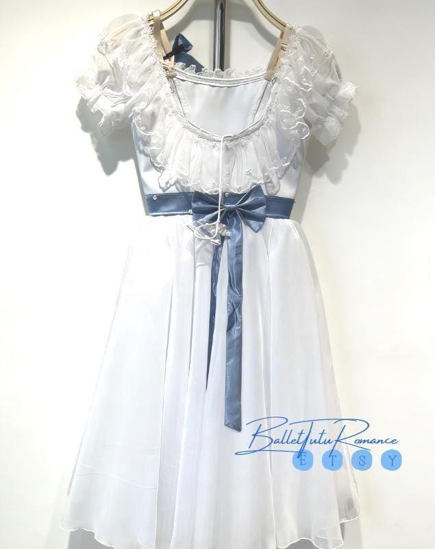 Custom White/Red Long Ballet Tutu,Blue Bow Coppelia Giselle Costume, Kids/Adult Competition