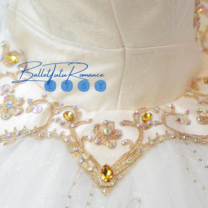Luxury White Gold Embellished Ballet Tutu, Custom Adult Child High-end Ballet Costume