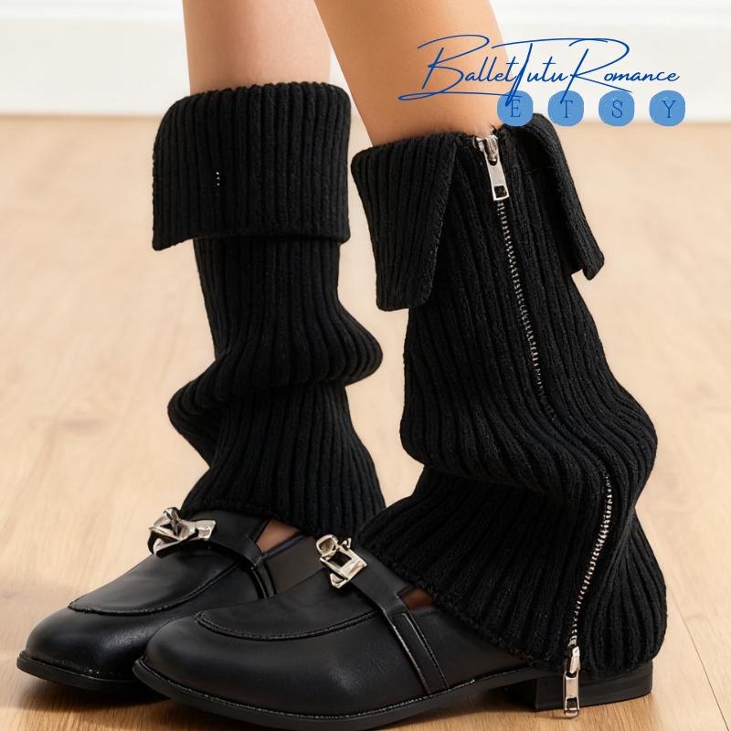 Thick Knit Side Zip Pile Leg Warmers, Y2K Style for Leather Boot Pairing