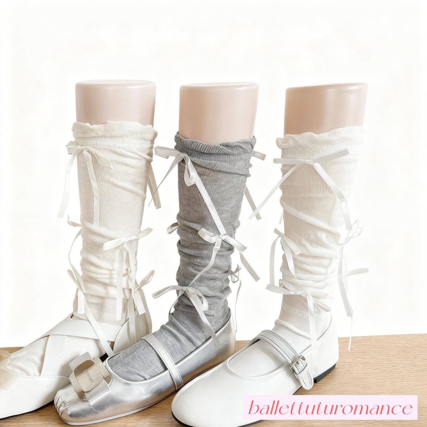 Calf-High Socks, Handmade Ballet Style Bow, Mid-Calf Socks, Elegant Accessory for Mary Jane