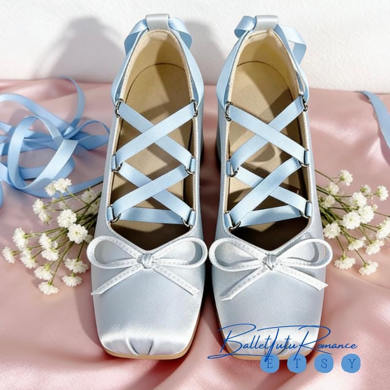 Mary Jane Block Heels with Ballet Ankle Ribbon Ties, Bow Ballerina Heels, Daily Wear