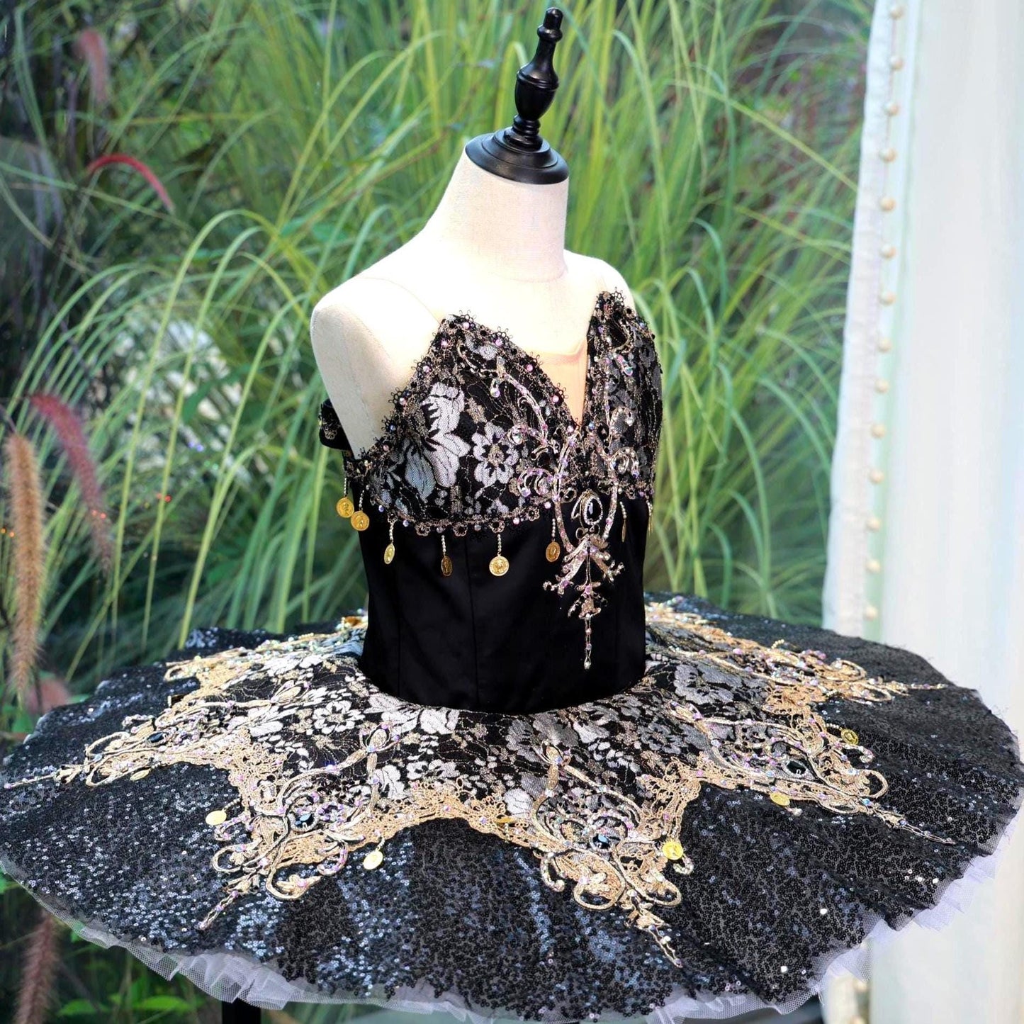 Black Swan Professional Ballet Tutu, Hand-Stitched Embroidered Sequins Lace, Elegant Custom Fit, Intricate craftsmanship