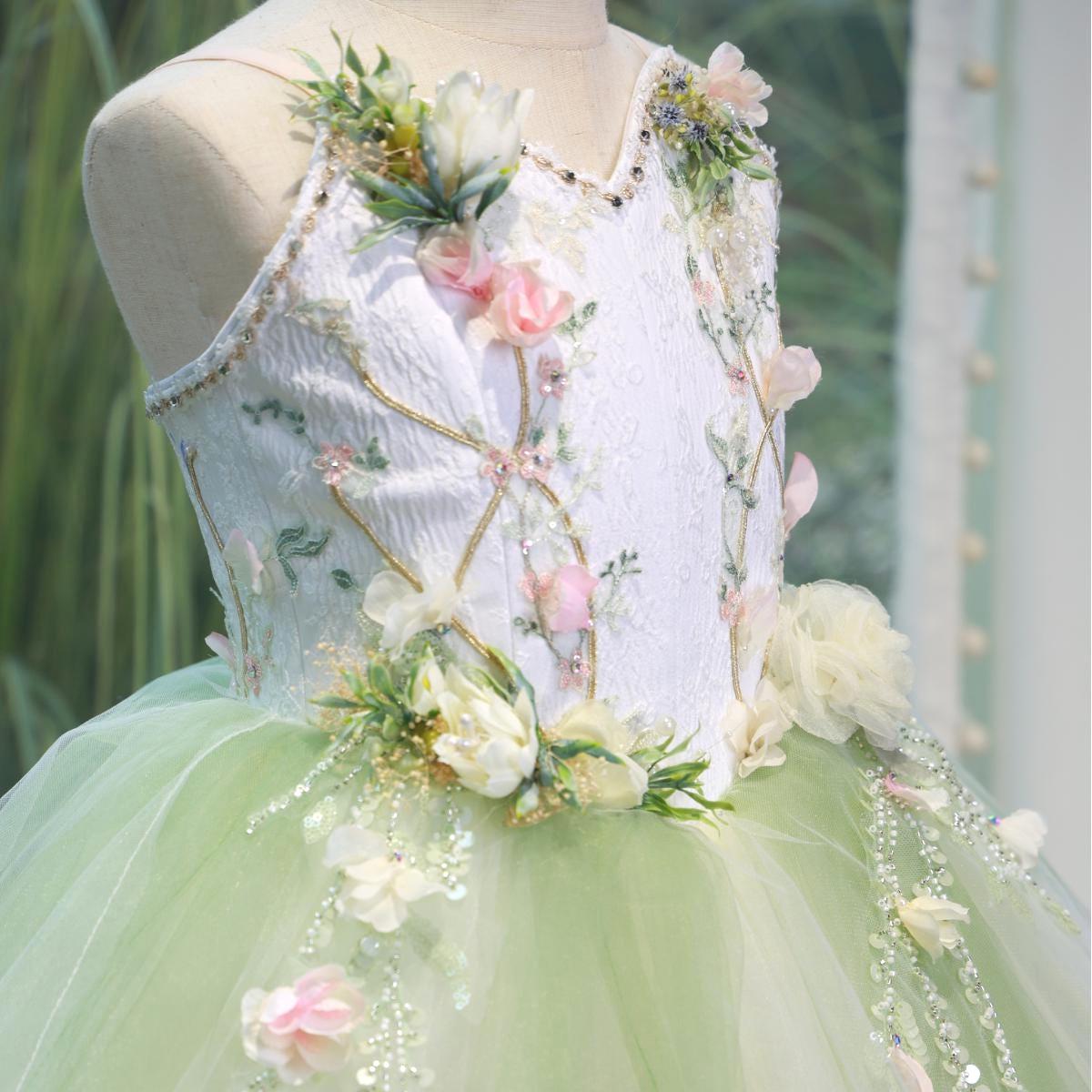 Green Tulle Ballet Tutu: Floral Embroidery & Sequins, Handmade Fairy Princess Dress,Aurora/Nutcracker