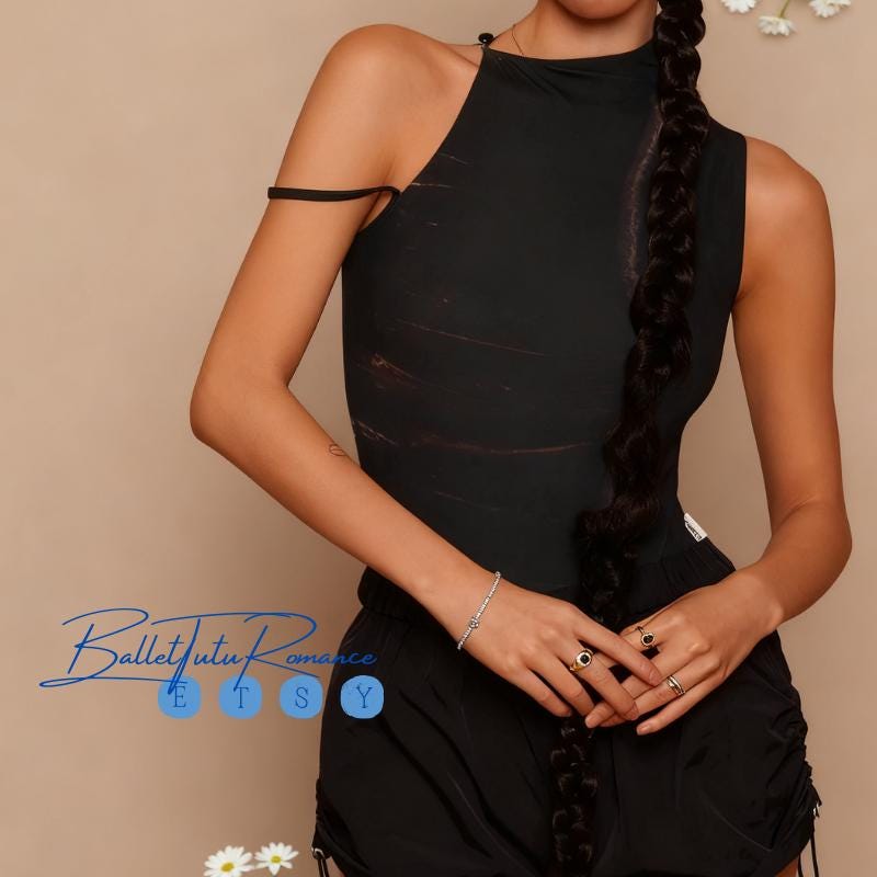 Cream Black Asymmetric Mock Neck Leotard | Sleeveless Adult Ballet Dancewear