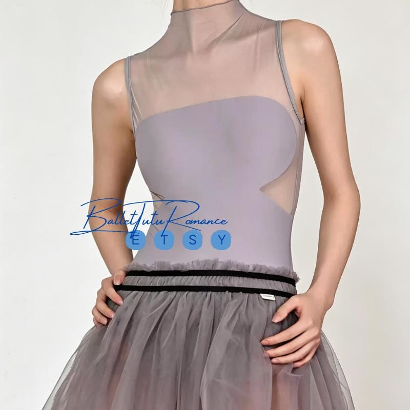 Purple Ballet Leotard, High Neck Mesh Splice, Open Back Dance Bodysuit, Practice  Wear