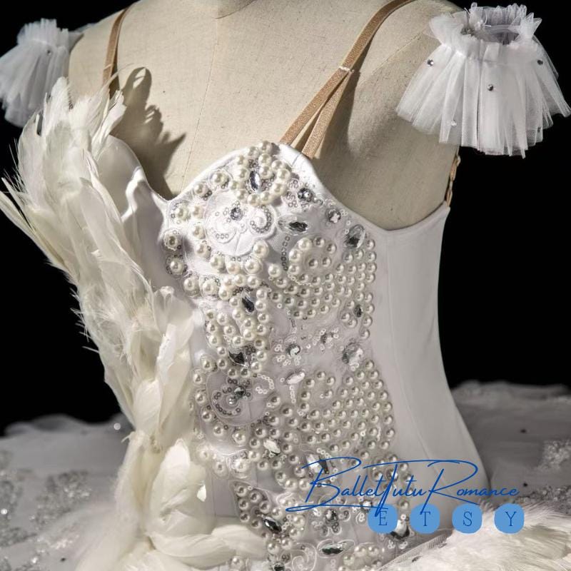 Custom White Swan Lake Ballet Tutu: Embellished Feather & Crystal Dress, Adult Child Performance Costume