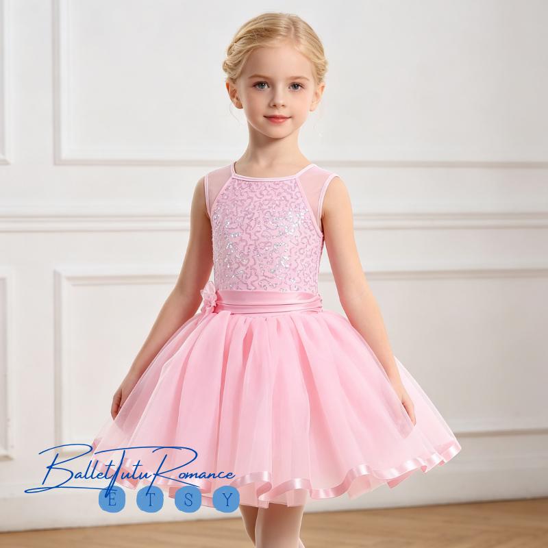 Custom Pink Kids' Ballet Tutu Dress, Sequin Tulle Sleeveless Costume for Girls Recitals & Parties