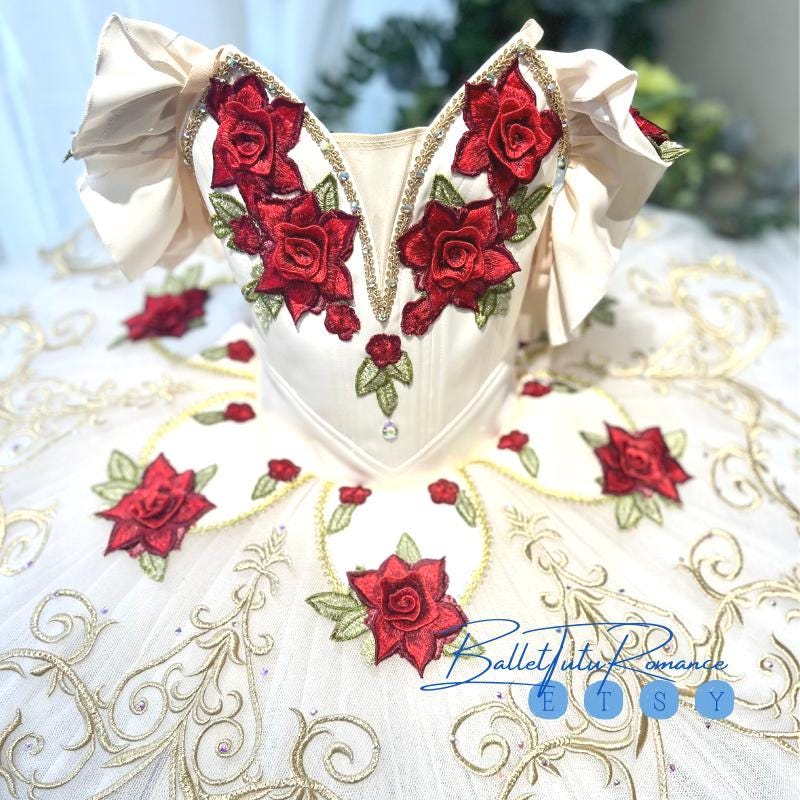 Handmade Red Rose Embroidered Ballet Tutu | Custom Professional Competition Costume