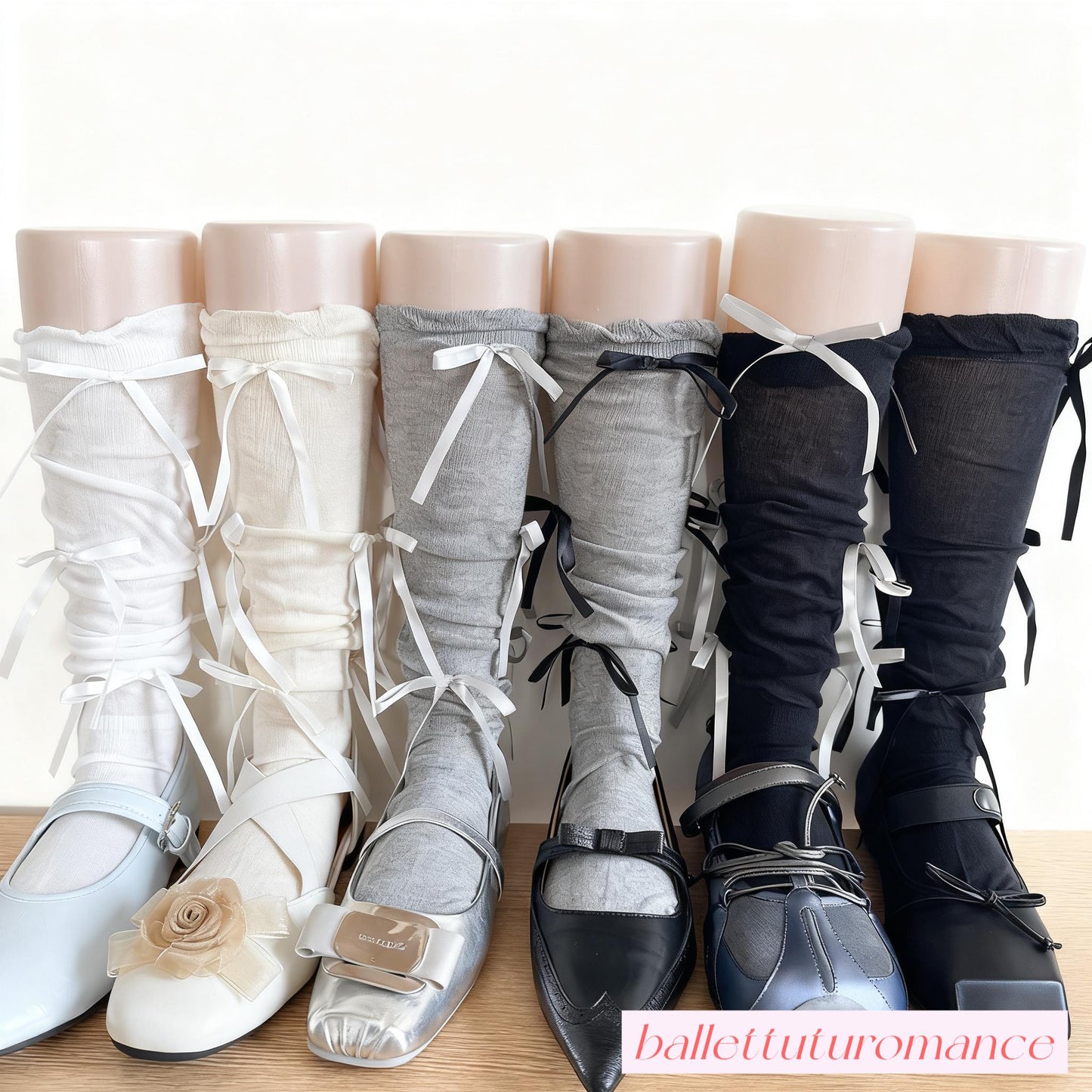 Calf-High Socks, Handmade Ballet Style Bow, Mid-Calf Socks, Elegant Accessory for Mary Jane