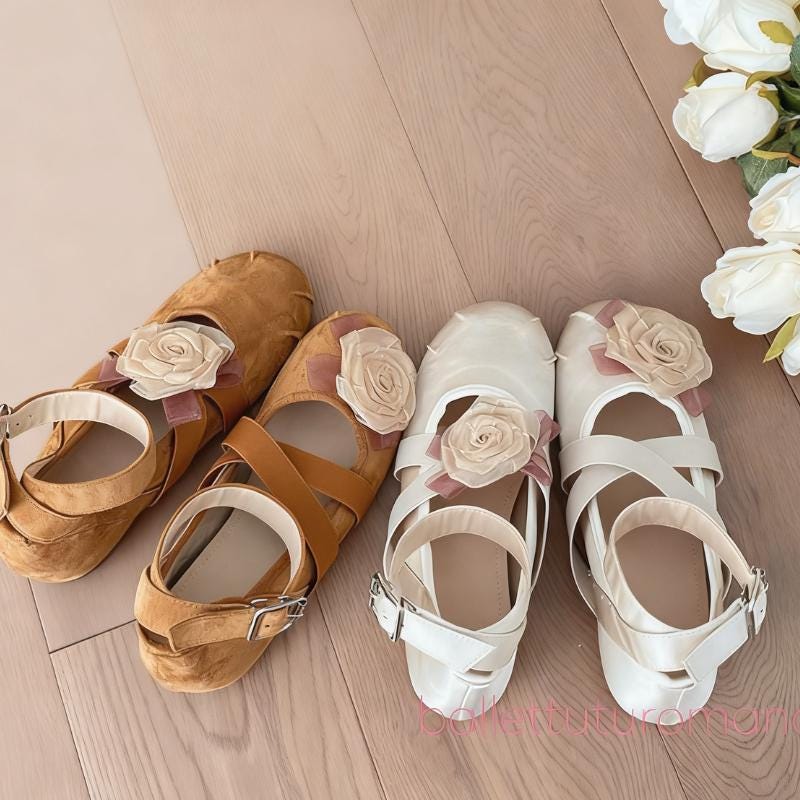 Ballerinas with Satin Rose Accent, Ankle Ribbon Ties Strap Ballet Flats,Mary Jane