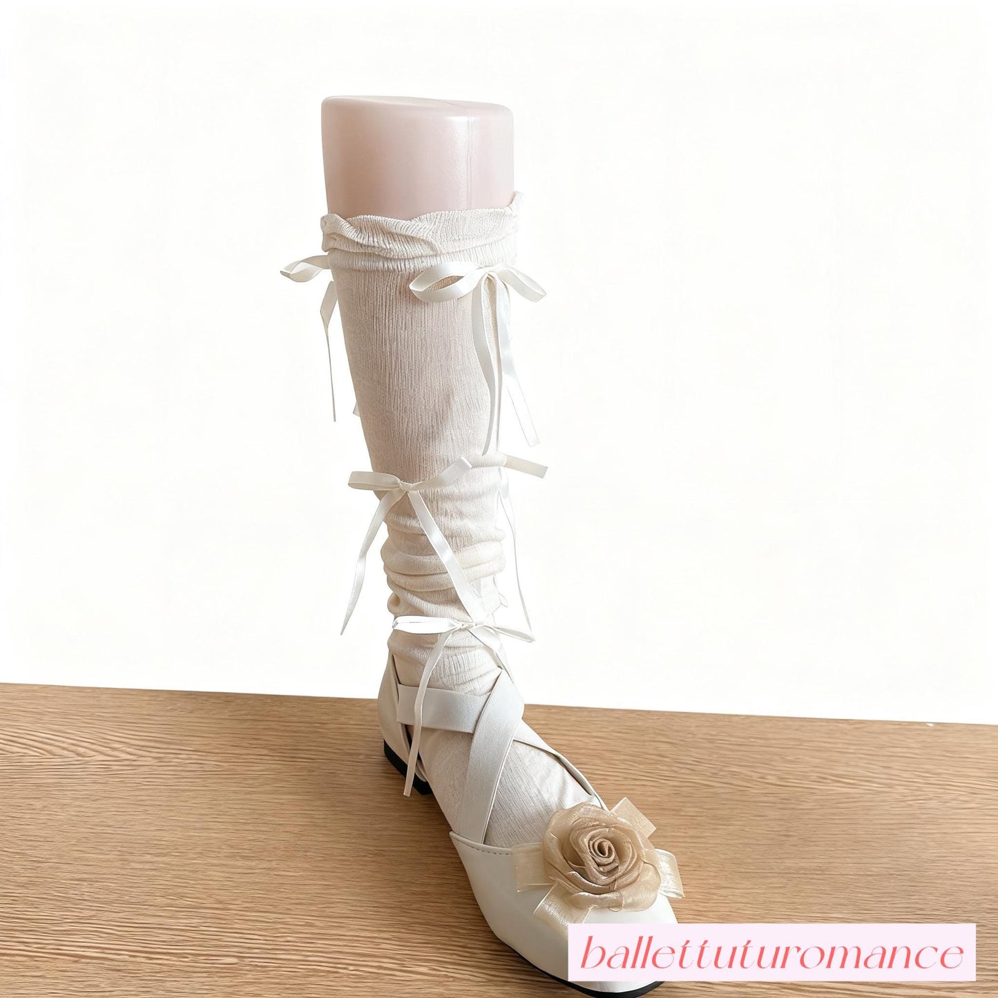 Calf-High Socks, Handmade Ballet Style Bow, Mid-Calf Socks, Elegant Accessory for Mary Jane