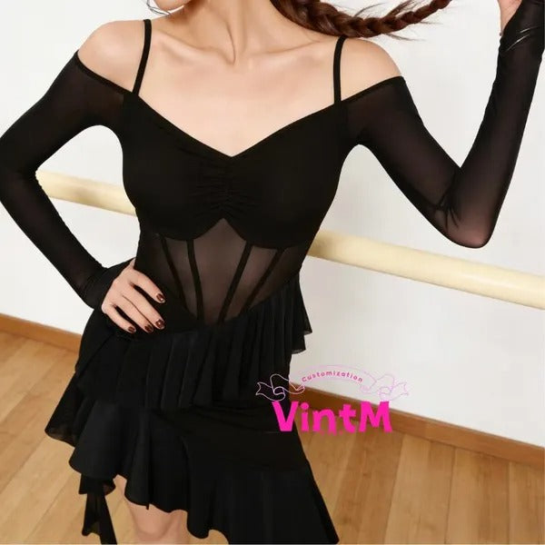 Boned Corset Latin Dance Dress | Built-in Bra Bodysuit Off Shoulder Long Sleeve Practice/Performance