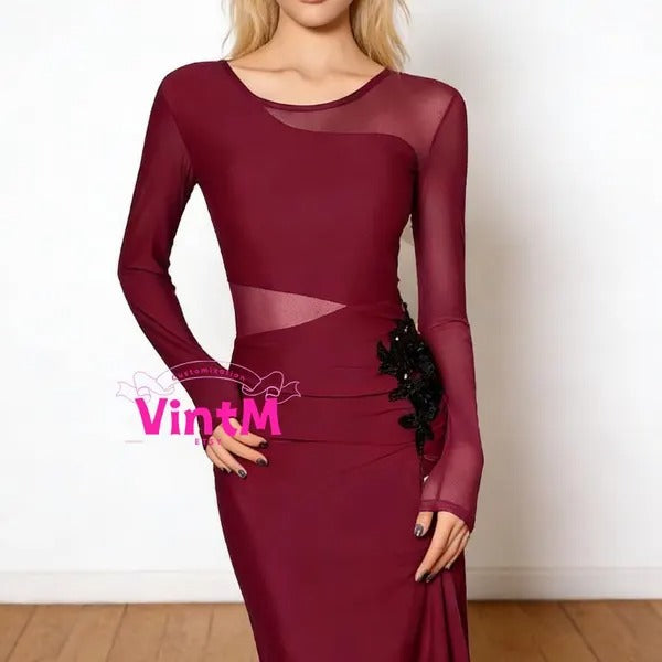 Long Sleeve Mesh Latin Ballroom Dress | Lace Appliqué High Slit Gown for Rumba Cha Cha Daily Practice