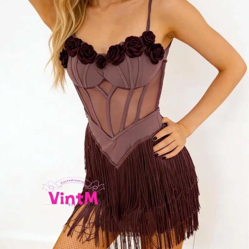 Fringe Latin Dance Dress | 3D Rose Corset Mesh Bodysuit Rumba Cha Cha Performance Costume Practice Wear