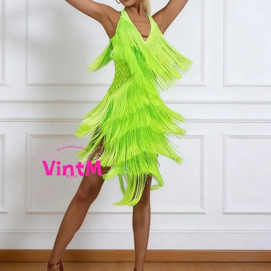 Halter Neck Layered Dense Fringe Latin Dance Dress | Standard Size Adult Ballroom Gown