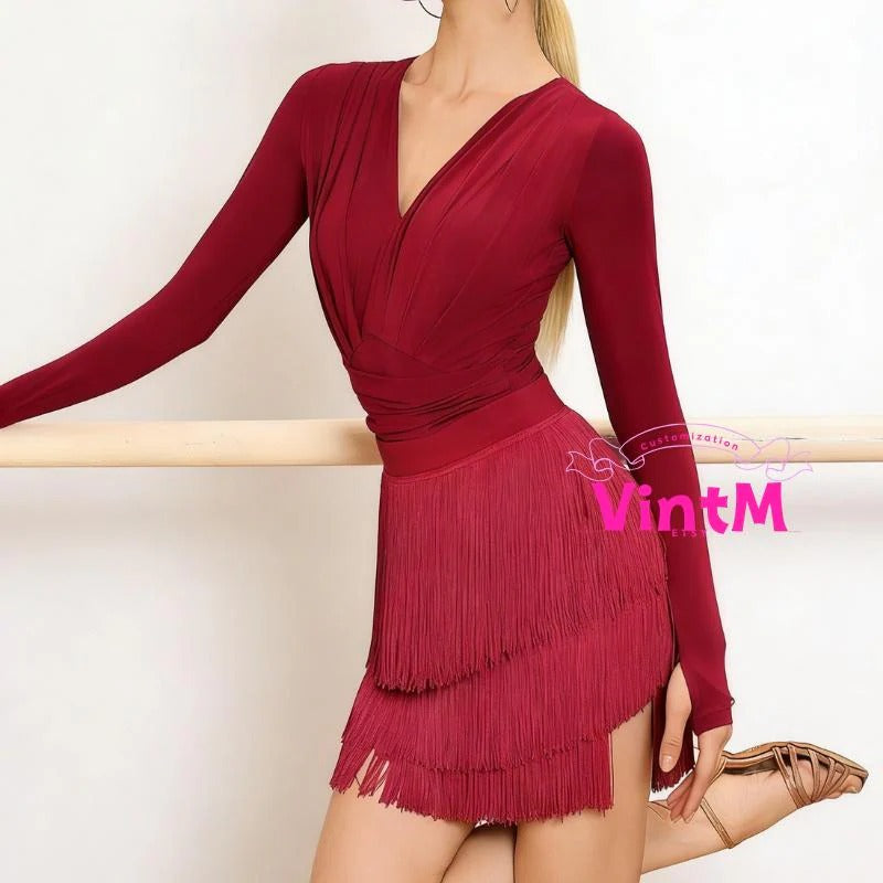 V Neck Latin Dance Bodysuit with Fringe Skirt | Long Sleeve Ruched Waist Cha Cha Rumba Ballroom Costume