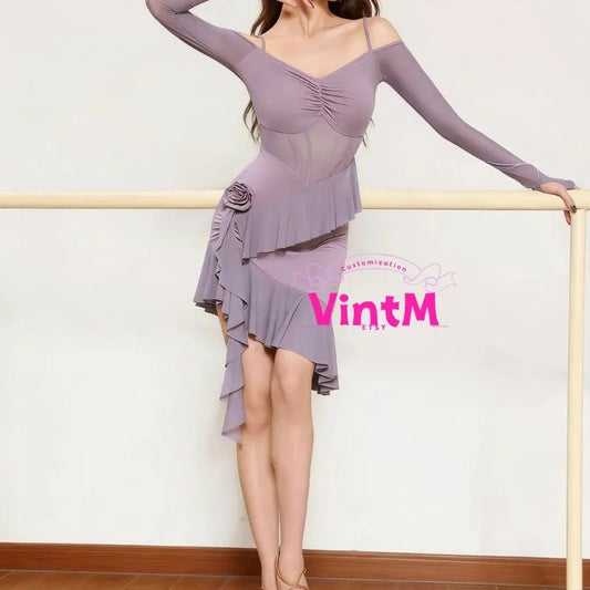Boned Corset Latin Dance Dress | Built-in Bra Bodysuit Off Shoulder Long Sleeve Practice/Performance
