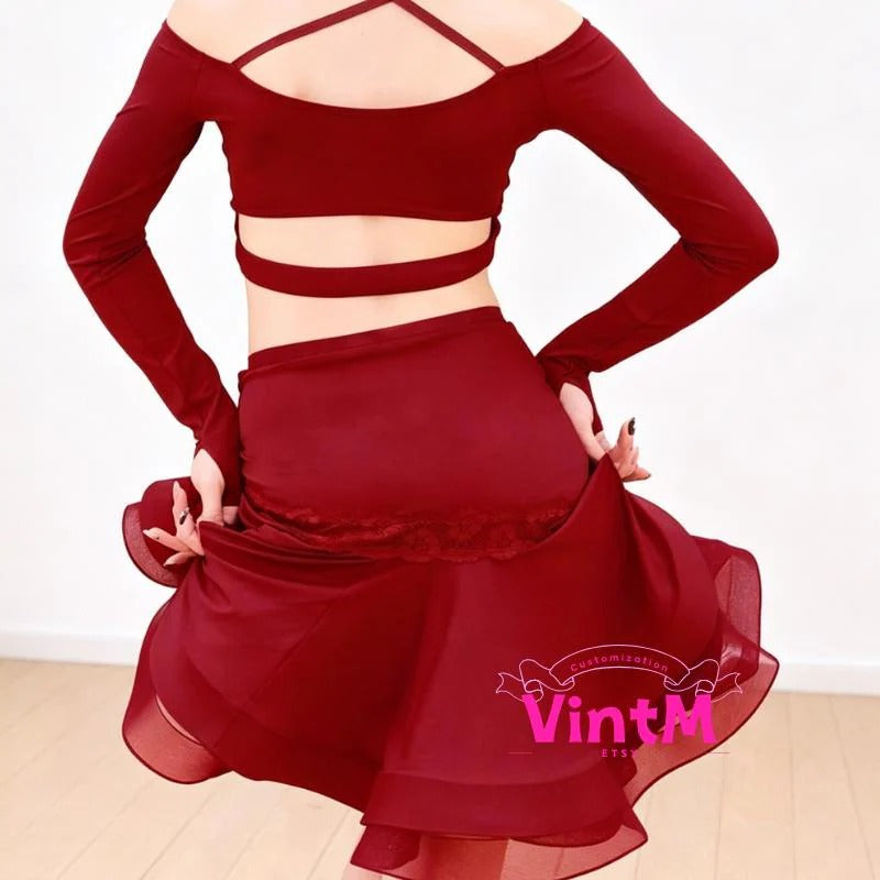 Latin Dance Outfit Set | Off-Shoulder Crop Top & Ruffled Skirt Salsa Practice Wear Red Black