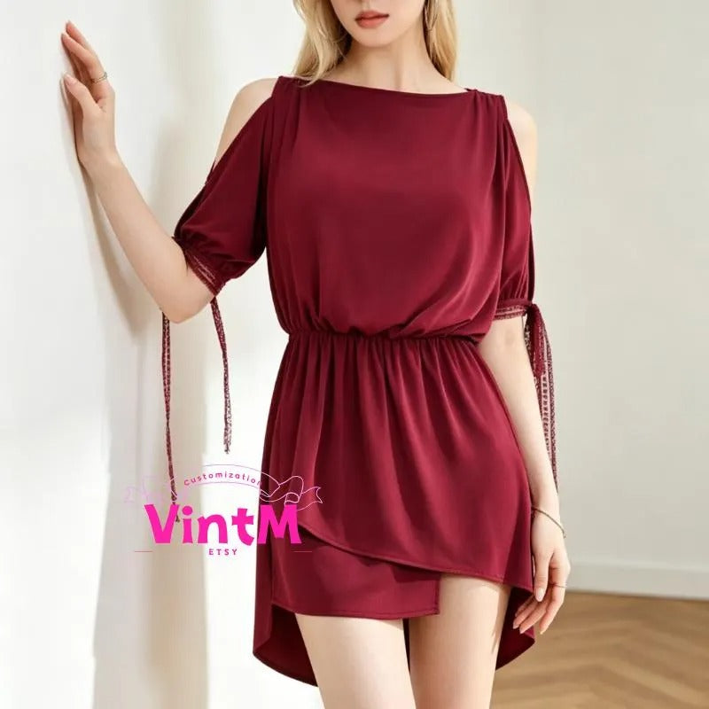 Cold Shoulder Tassel Sleeve Latin Dance Dress | Elastic Waist High-Low Hem Ballroom Practice Costume