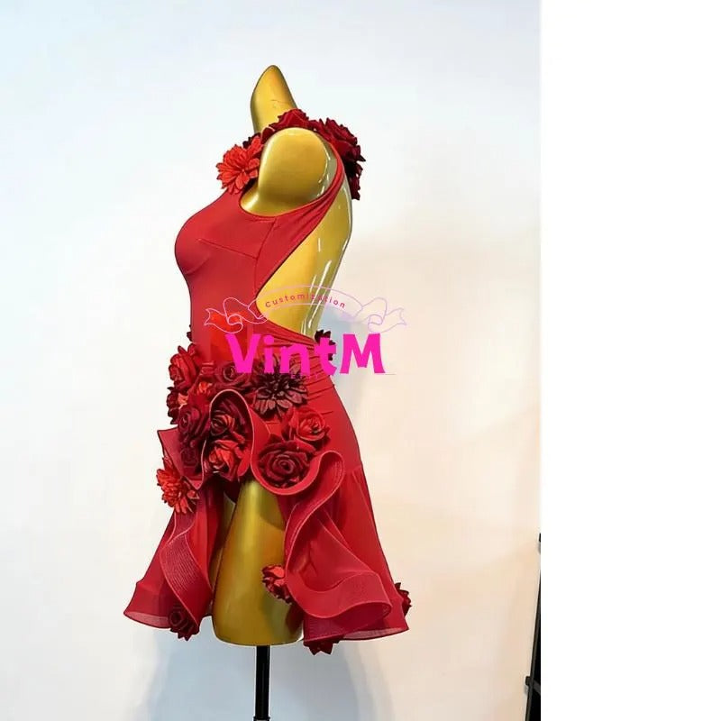 Customizable Red Latin Dance Dress | 3D Floral One-Sleeve Salsa Competition Performance Wear