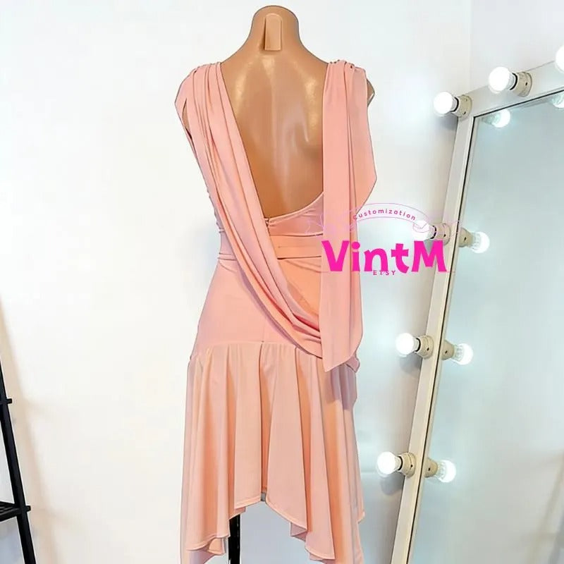 Color Customizable Latin Dance Dress | Draped Open Back Ruffle Skirt Salsa Cha Cha Rumba Performance Costume