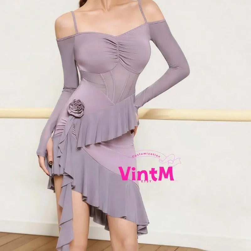Boned Corset Latin Dance Dress | Built-in Bra Bodysuit Off Shoulder Long Sleeve Practice/Performance