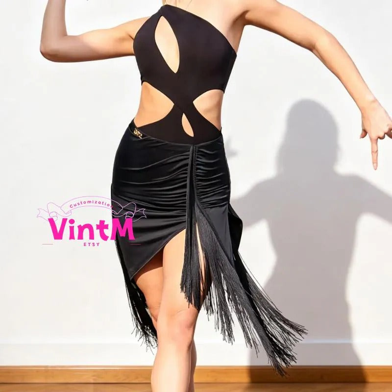 Dance Bodysuit & Black Fringe Latin Dance Skirt | Ruched Asymmetric Hem Practice Performance Set