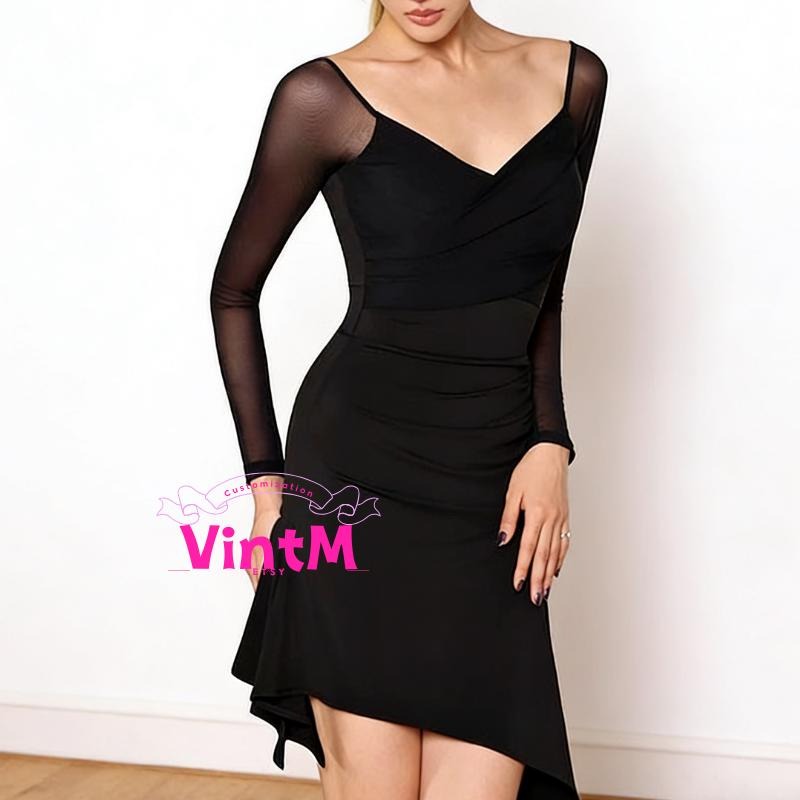 Long Sleeve Mesh Latin Dance Dress | Ruched Slimming Cha Cha Practice Gown