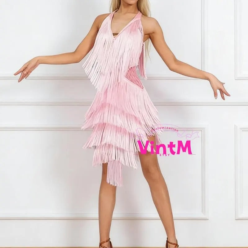 Halter Neck Layered Dense Fringe Latin Dance Dress | Standard Size Adult Ballroom Gown