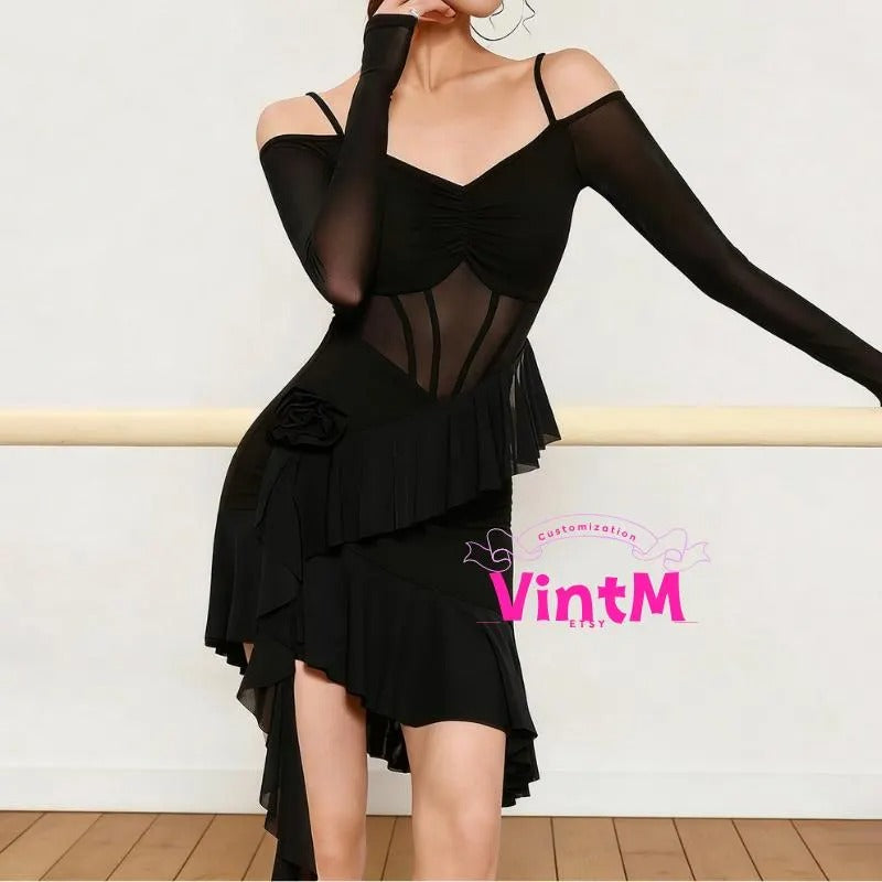 Boned Corset Latin Dance Dress | Built-in Bra Bodysuit Off Shoulder Long Sleeve Practice/Performance
