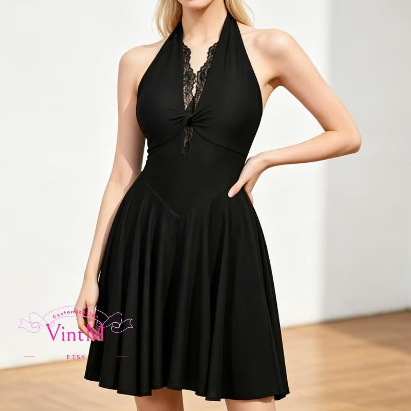 Black Halter Neck Latin Dance Dress | Lace V-Neck Twist Front Ballroom Salsa Tango Performance