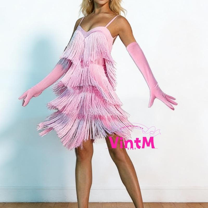 Layered Gradient Fringe Latin Dress | Spaghetti Strap Gown for Rumba & Cha Cha