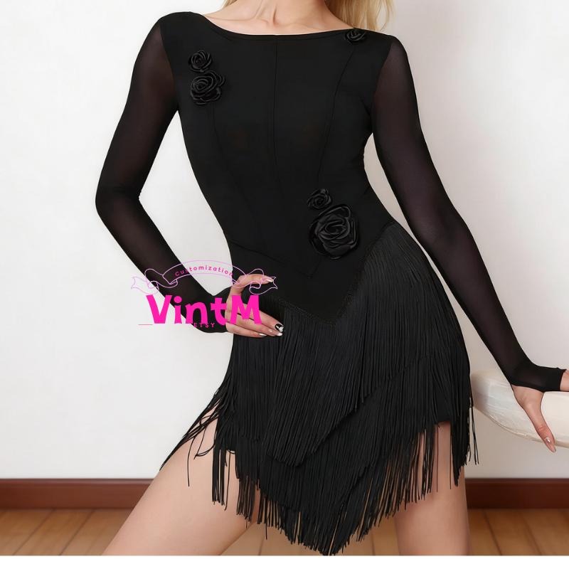 Fringe Latin Dance Dress | Hand Sewn 3D Flowers Built-in Bra & Briefs Long Sleeve Leopard Black Practice Performance